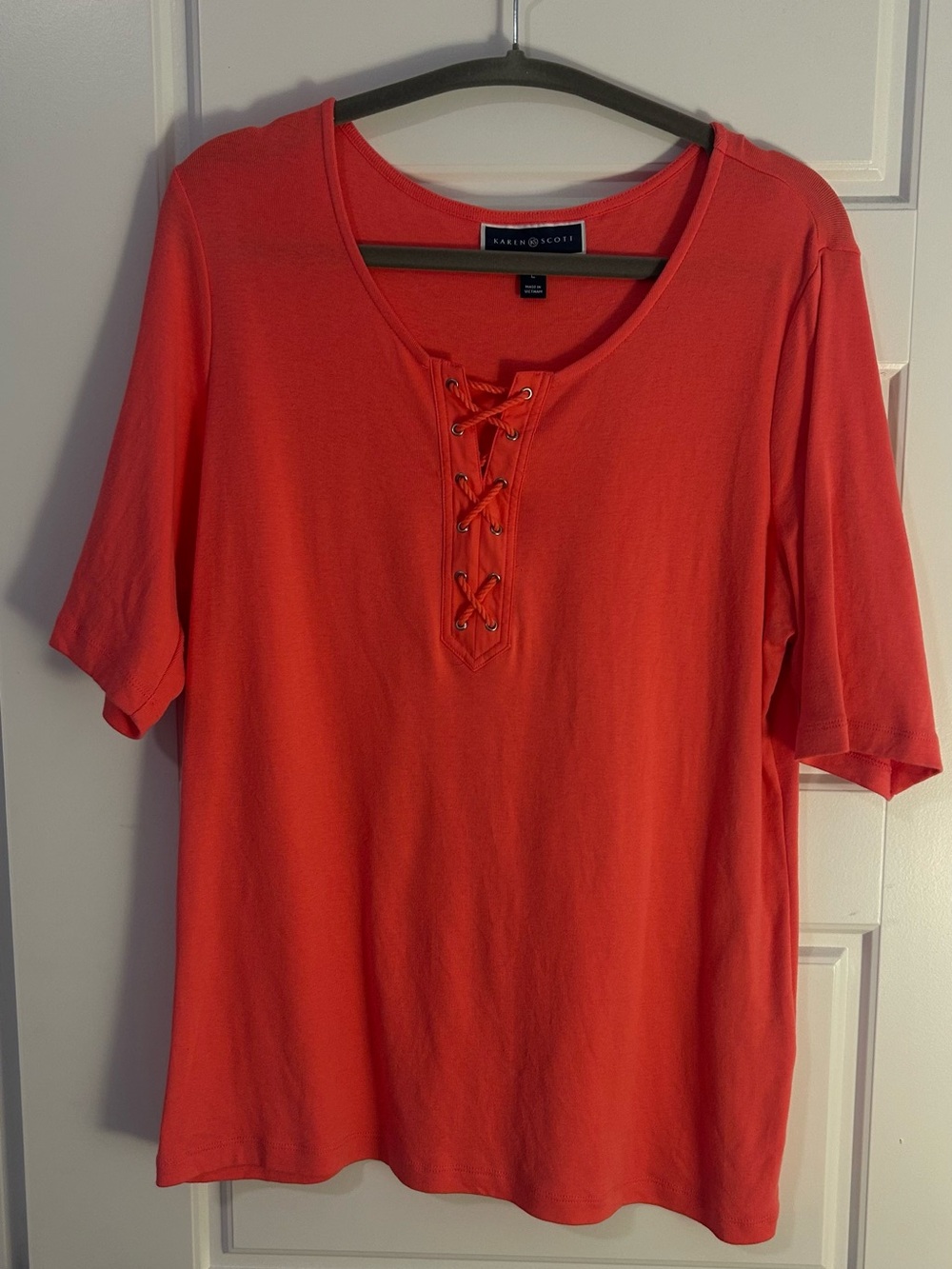 NWOT Karen Scott Coral Lace-Up Short Sleeve Top